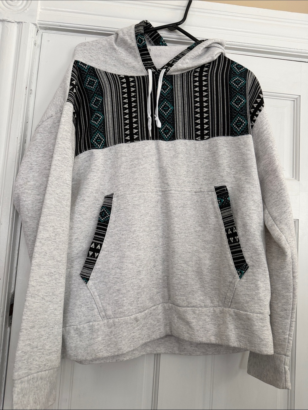 Light Gray Hoodie with Black & Teal Aztec Panel